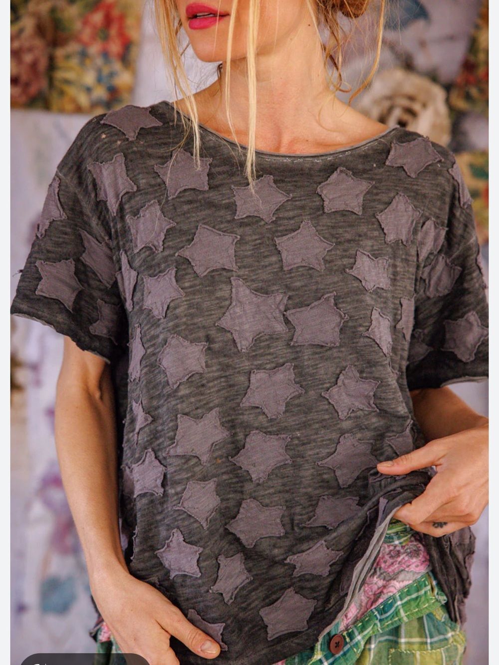 NWT Magnolia Pearl Little Star Purple Appliqué Tee One Size Oversized Twilight